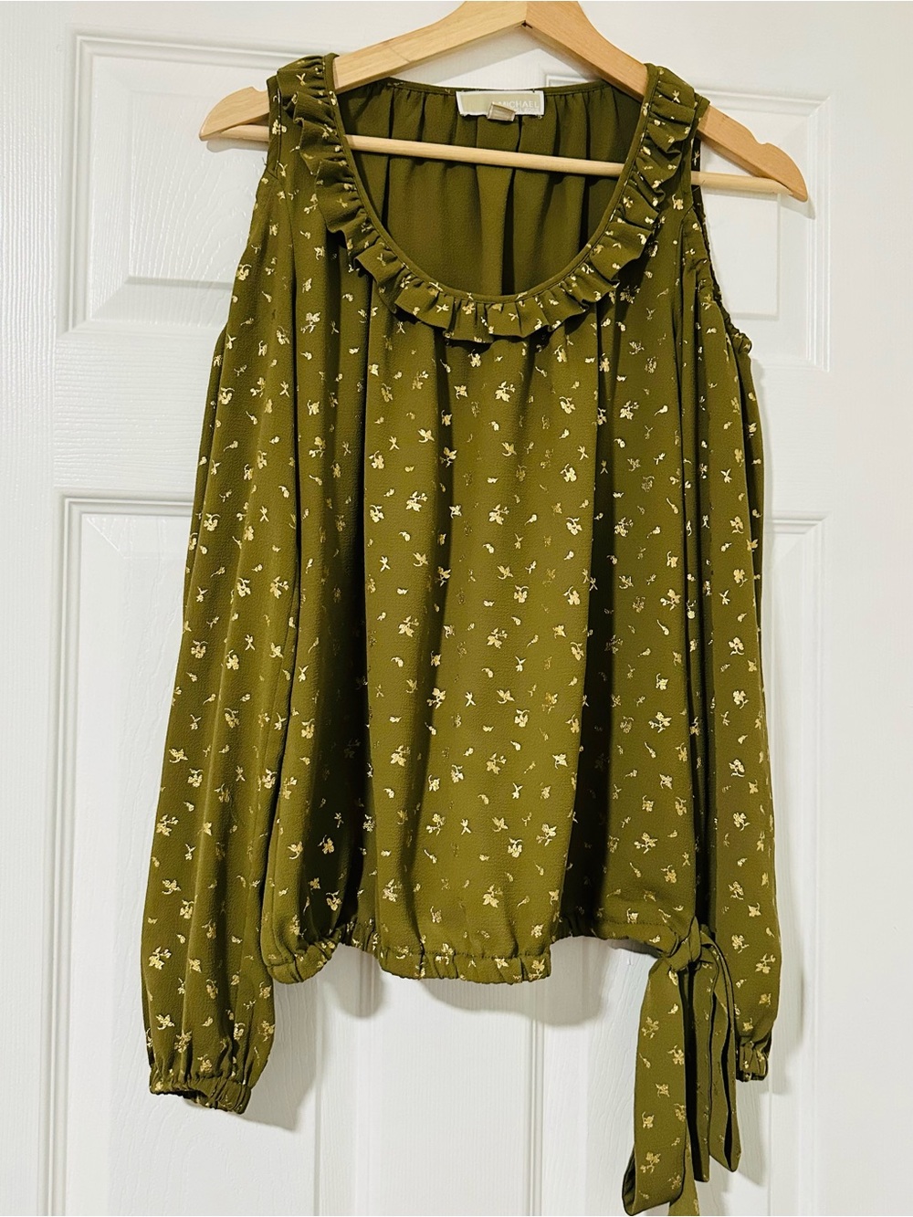 Olive Green Ruffle Neck Floral Blouse